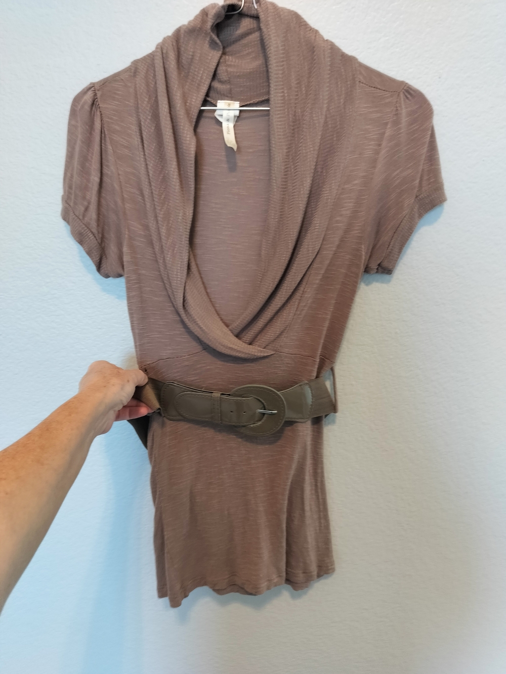 Taupe Short-Sleeve Surplice Waist Top with Belt